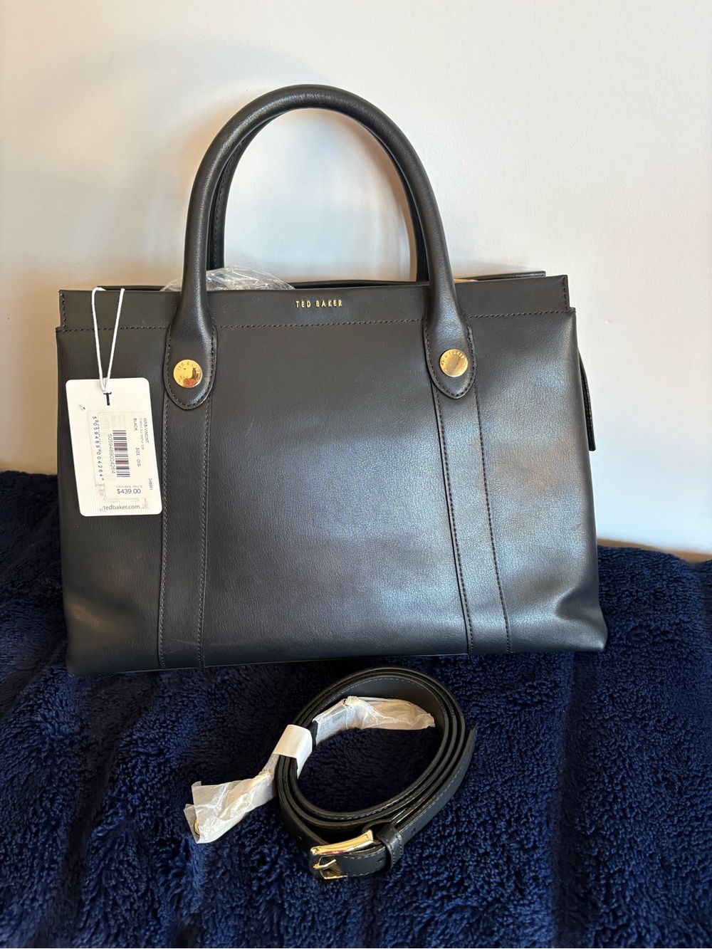 Ted Baker Black Leather Vincent Satchel with Detachable crossbody Strap